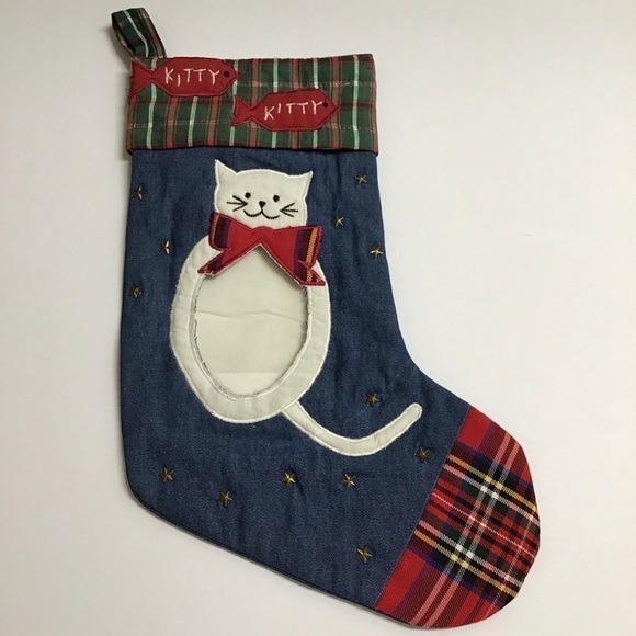 Kitty Cat Christmas Stocking Picture Frame Kitten Pet Applique Plaid Denim Stars - Picture 1 of 13
